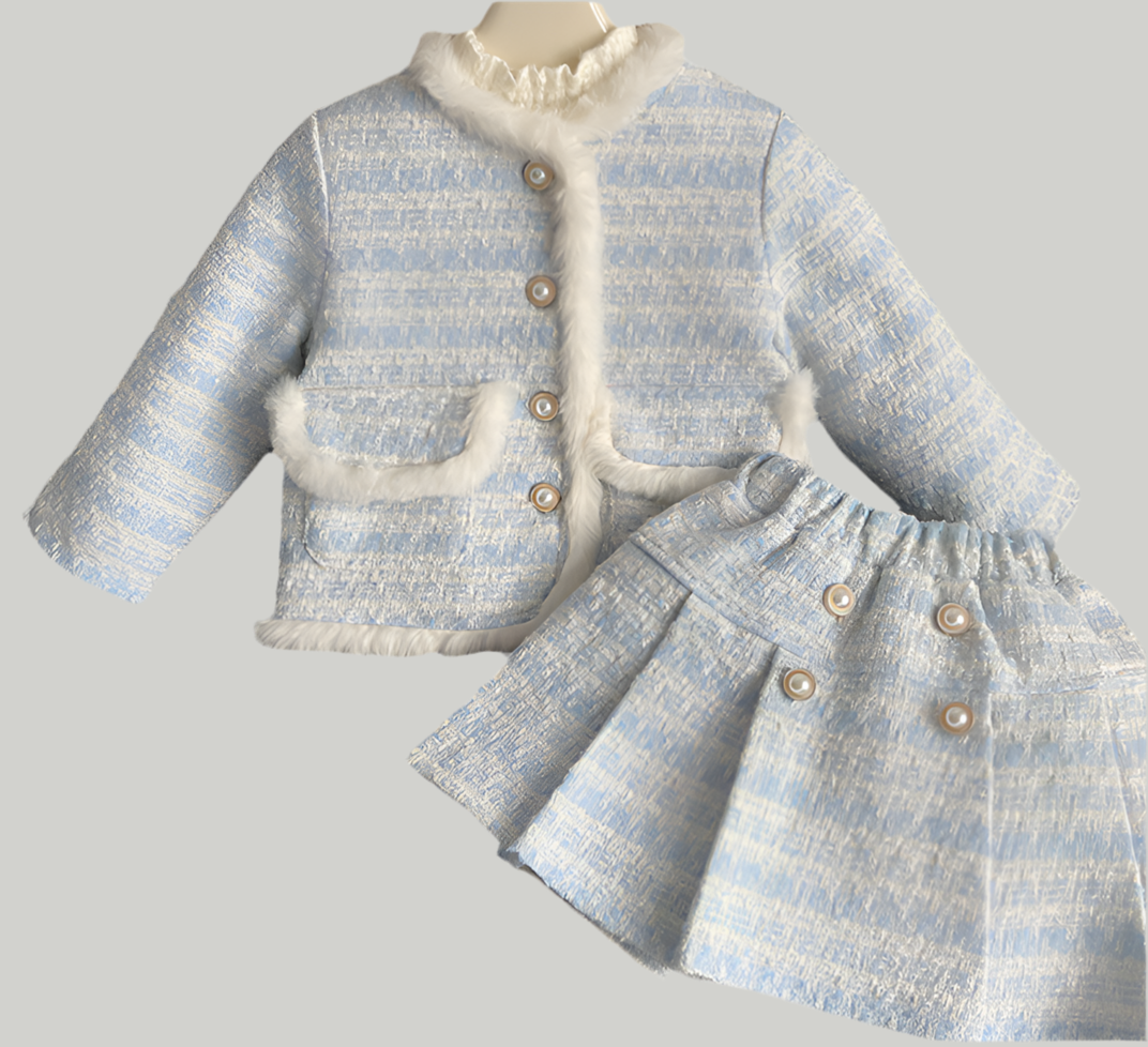 Powder Blue Tweed Jacket & Flared Skirt