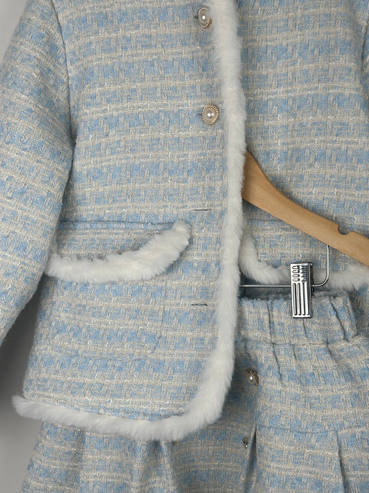 Powder Blue Tweed Jacket & Flared Skirt